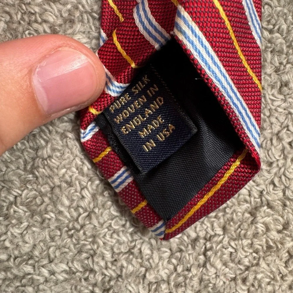 Pure Silk Striped Tie Red Blue Yellow Woven in England Made in USA 59x3.75